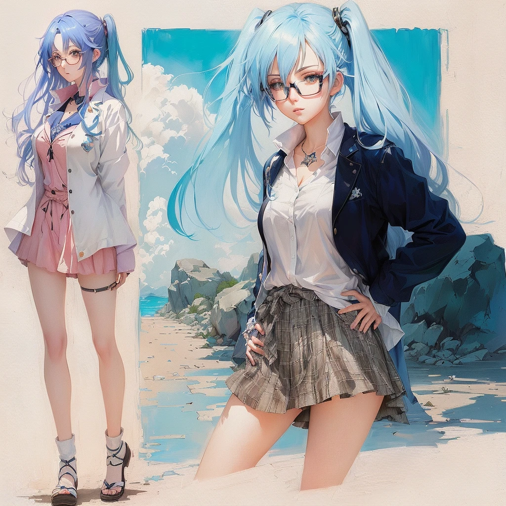 Anime character with blue hair and glasses standing next to another woman, Created by Anime Painter Studio, Digital art on Pixiv, Anime style digital art, artstation pixivでトレンド, Anime art style, Anime-style illustrations, Inspired by anime, beautiful Anime art style, Painted in an anime artist's studio, Anime art style, pixiv style, Anime full body illustration