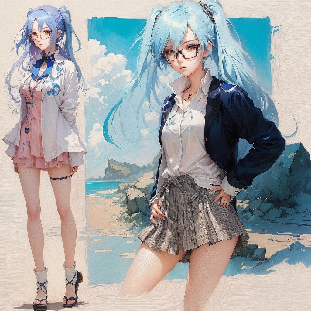 Anime character with blue hair and glasses standing next to another woman, Created by Anime Painter Studio, Digital art on Pixiv, Anime style digital art, artstation pixivでトレンド, Anime art style, Anime-style illustrations, Inspired by anime, beautiful Anime art style, Painted in an anime artist's studio, Anime art style, pixiv style, Anime full body illustration
