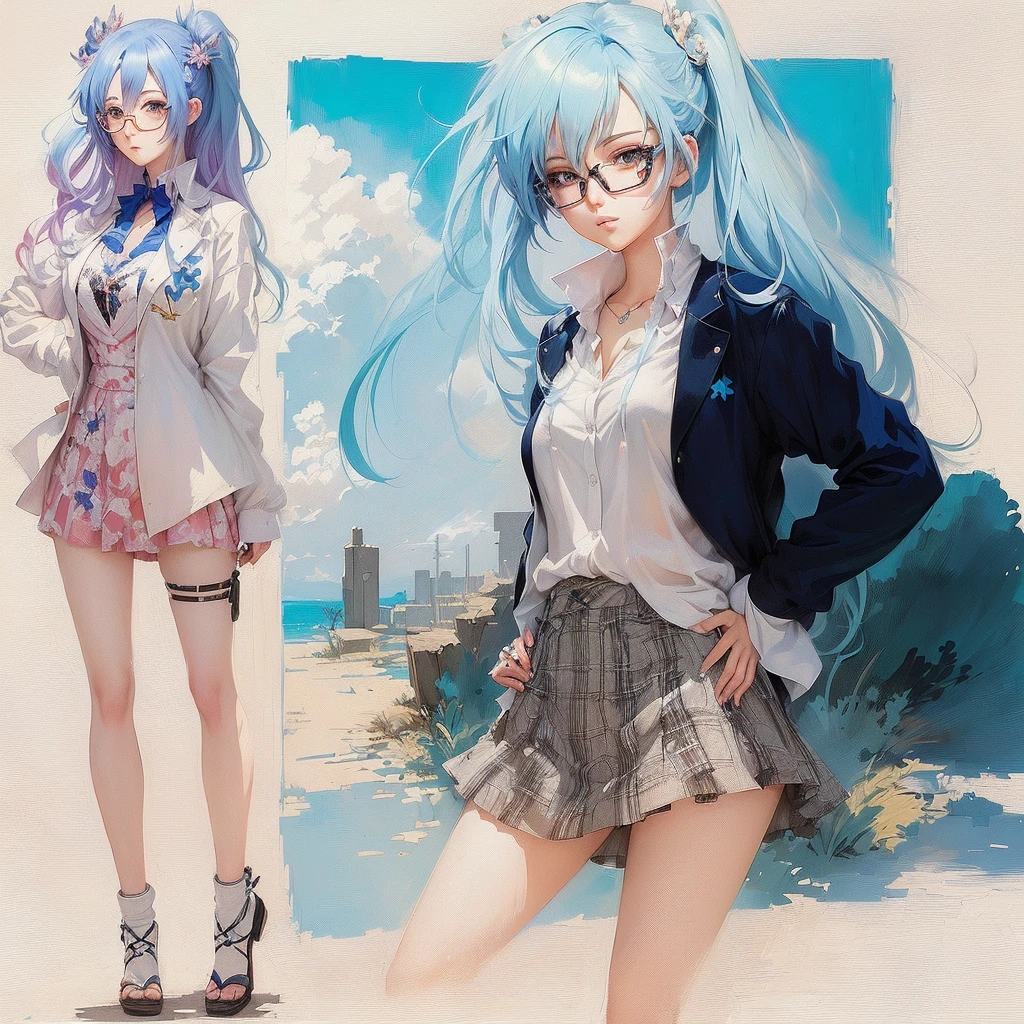 Anime character with blue hair and glasses standing next to another woman, Created by Anime Painter Studio, Digital art on Pixiv, Anime style digital art, artstation pixivでトレンド, Anime art style, Anime-style illustrations, Inspired by anime, beautiful Anime art style, Painted in an anime artist's studio, Anime art style, pixiv style, Anime full body illustration