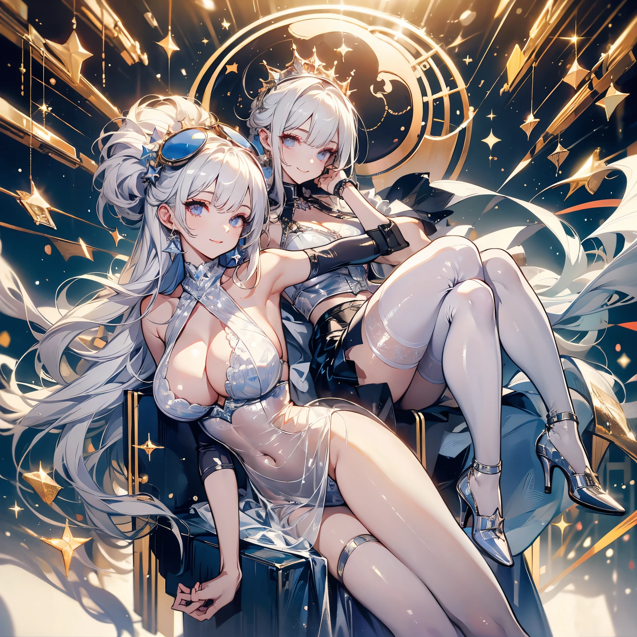 ((masterpiece, best quality)),Idol singer,Royal sister,sunglasses,Pure white background,Detailed face,Smile,whole body,Perfect body proportions,Glowing milky white eyes,sexly,Tattoo,extremely beautiful,transparent,High heel,Fishnet stockings,Star decoration,