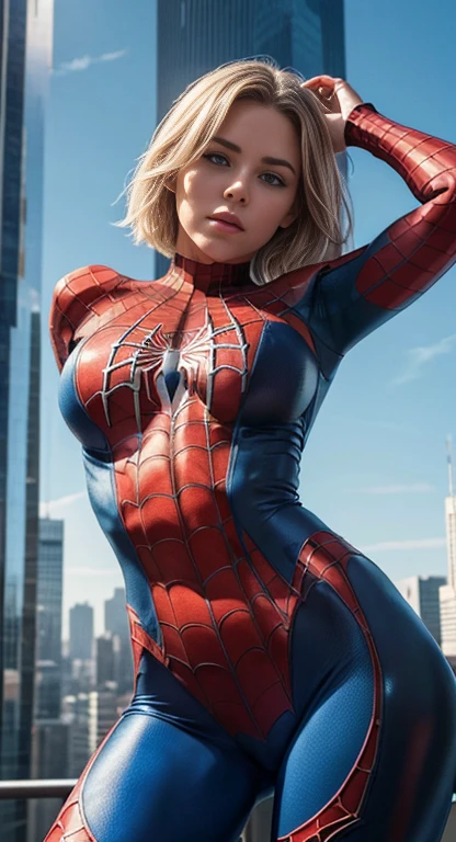(One girl: 1.3), alone, beautiful face, (((extremely Detailed face))),(((extremely Detailed face and eyes)),beautiful detailed eyes, Body parts__, Official Art, 8k unified wallpaper, Very detailedな, beautiful and aesthetic, beautiful, masterpiece, 最high quality, born, masterpiece, Ultra-thin photo, 最high quality, Ultra-high resolution, photorealistic realism, sunlight, Full body portrait, Great beauty, short blonde haircut, Dynamic pose, Delicate face, Bright blue eyes, (from the front), She is wearing a nylon outfit (inspired by Spiderman costume), Cosplay ('/snow/'), red, Transparent white and black color scheme, Top floor of a skyscraper, Very detailed, Detailed face, Detailed, intricate and busy background, Messy, beautiful, milky, Very detailedな肌, Realistic skin detail, Visible pores, Sharp focus, Volume Mist, 8K Ultra HD, Digital SLR, high quality, Film Grain, Fair skin, Photorealism, Lomography, Future dystopian megacity, View from below, translucent