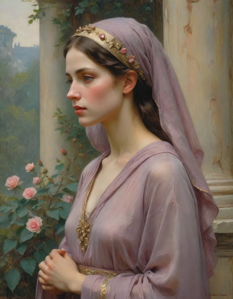 Masterpiece, ((realistic)), (propaganda poster), (((by John William Waterhouse))), (((Moebius Jean Giraud))), ((((profile portrait of a veiled roman woman, young 16 year old girl, extremely beautiful!!!!!!!! pretty!!!!! face!!!!!, priestess, dignified, wearing silken robes, detailed moth and rose elements, muted colors)))), (((corinthian columns with moth elements, jungle background, mauve moths))). (flat!!!!! tiny!!!!! chest)