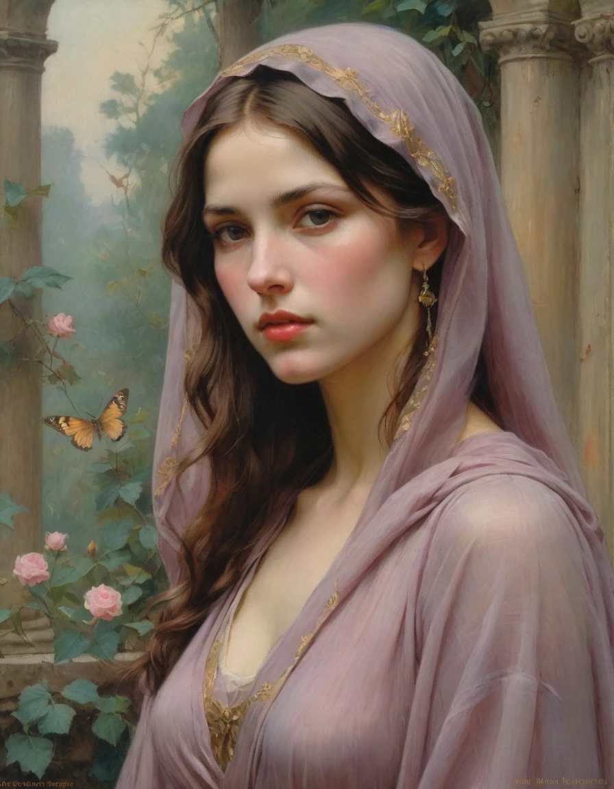 Masterpiece, ((realistic)), (propaganda poster), (((by John William Waterhouse))), (((Moebius Jean Giraud))), ((((profile portrait of a veiled roman woman, young 16 year old girl, extremely beautiful!!!!!!!! pretty!!!!! face!!!!!, priestess, dignified, wearing silken robes, detailed moth and rose elements, muted colors)))), (((corinthian columns with moth elements, jungle background, mauve moths))). (flat!!!!! tiny!!!!! chest)