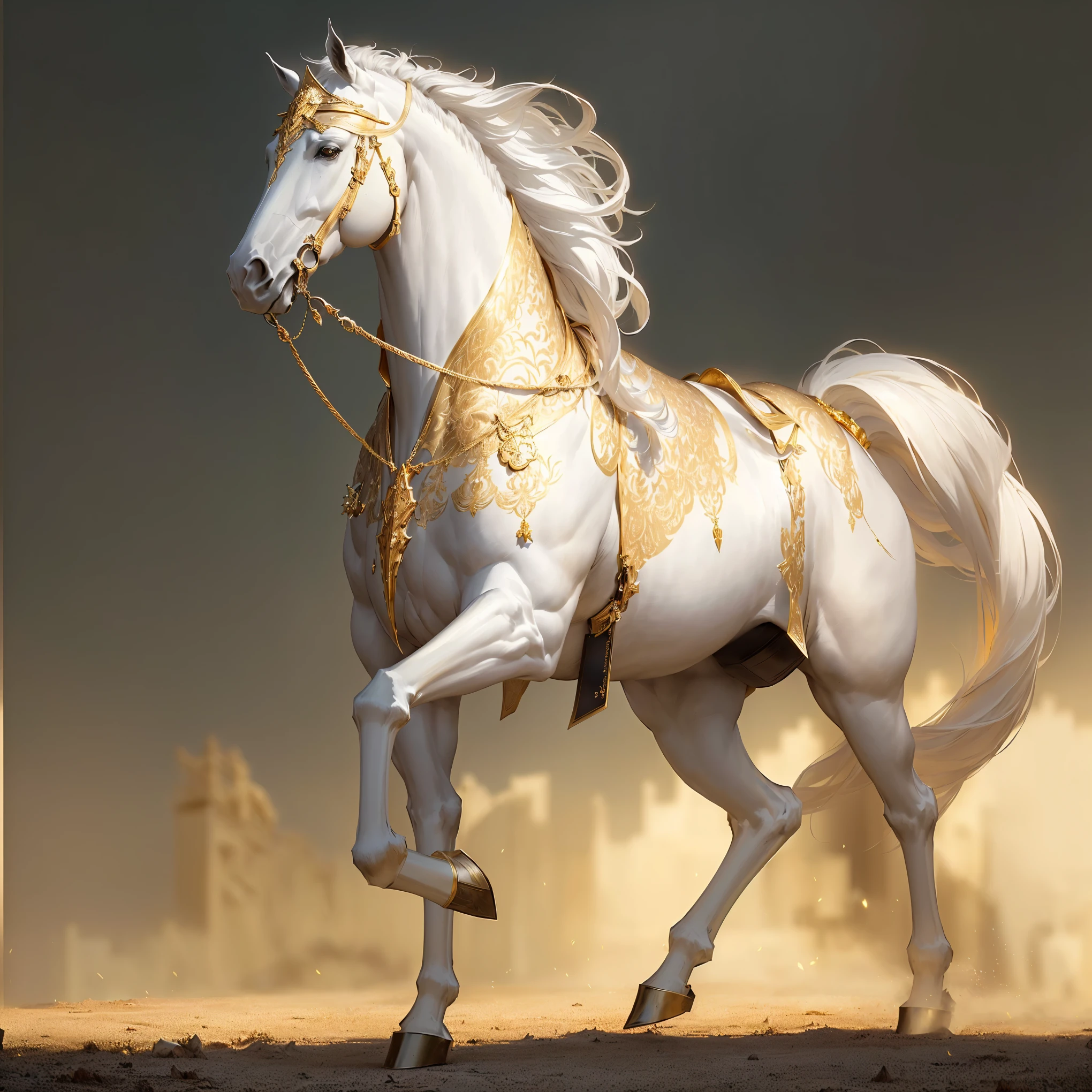 There is a white horse with gold ornaments running in the desert, author:by Cynthia Sheppard (Cynthia Sheppard), A silvery white painting, Shining armor of gold and bronze, A completely white horse, Elegant Numbers, Horse racing concept art, inspired author:by Cynthia Sheppard (Cynthia Sheppard), Arab, Centaur, beautiful horse, High resolution commissions, beautiful serene horse, Gorgeous numbers, Complicated