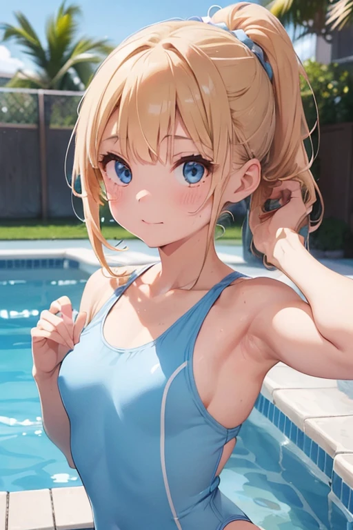 (Perfect Anatomy, Balanced ratio, very cute illustration:1.1), Poolside, Open your mouth、blonde, blue eyes, Wavy long hair, ponytail, Half-cut bangs,(Small breasts)、 (Place your arms behind your head, Underarm), (Embarrassing), (Gorgeous idol costume swimsuit with attention to detail), Baby Face, (girl:1.5), (Cute round face),
