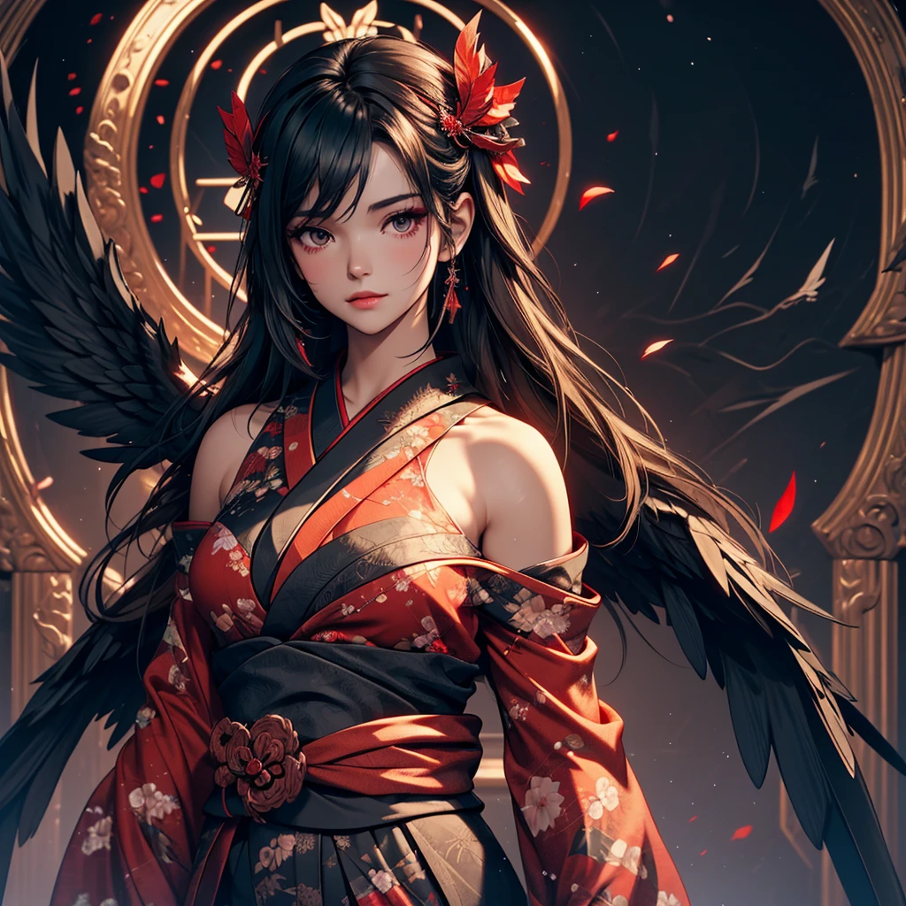 portrait of 1 Dark angel in the dark, her wing surround her, her black wings cover her, totally darkness, dark tone, 8k, hd, unreal engine, dreamy, romantic, fantasy, black plain background, red kimono