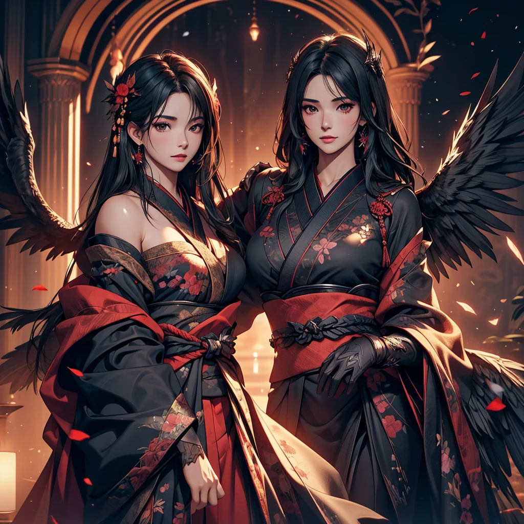 portrait of 1 Dark angel in the dark, her wing surround her, her black wings cover her, totally darkness, dark tone, 8k, hd, unreal engine, dreamy, romantic, fantasy, black plain background, red kimono