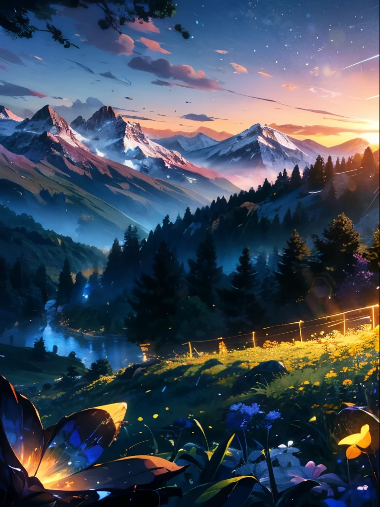 Anime landscape with mountains and flowers in the foreground,Anime inspired green landscape of the Alps with bright blue glass like sky shining with glittering glittering effect(Bokeh effect) (firefly)