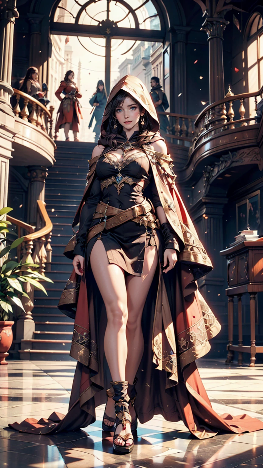 There is a large room with a staircase and a circular staircase, Futuristic Persian Palace, cgsociety Unreal Engine, An exquisitely designed throne room, Unreal Engine Rendering, Unreal Engine 5 : :, Futuristic Palace, Rendering with Lumion, Unreal Engine HD Rendering, Unreal Engine Rendering saint seiya, Rendering with Lumion pro, Unreal Engine 5 render, Unreal Engine 5 »  、A beautiful Persian woman wearing a Persian-style hooded cloak、Sexy proportions、Erotic female body、Narrow waist、Top view、View your viewers、Roman sandals、Detailed pattern on the floor、marble