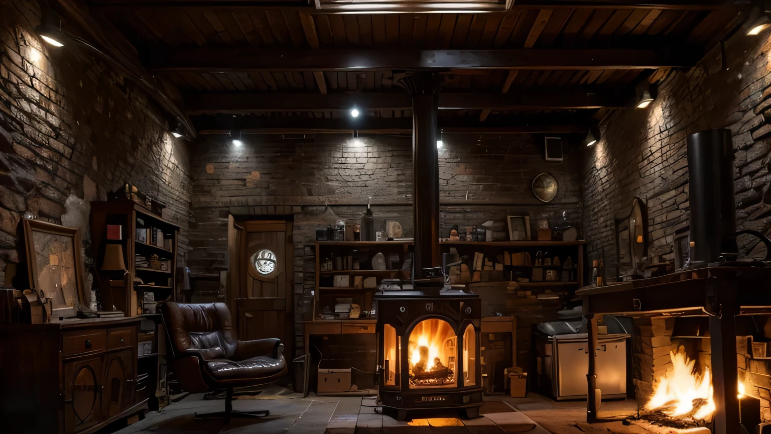 A cluttered steampunk-style blacksmith's magical workshop with no windows, deep, and a furnace in the center.