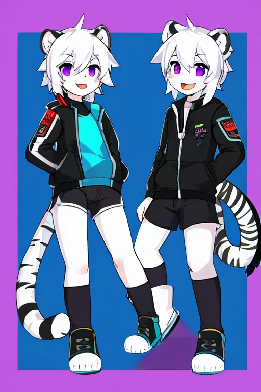 White fur tiger, , adolesh white tail, White hair, black jacket, address shirt, shorts negros, purple eyes, hacker, sticking out tongue