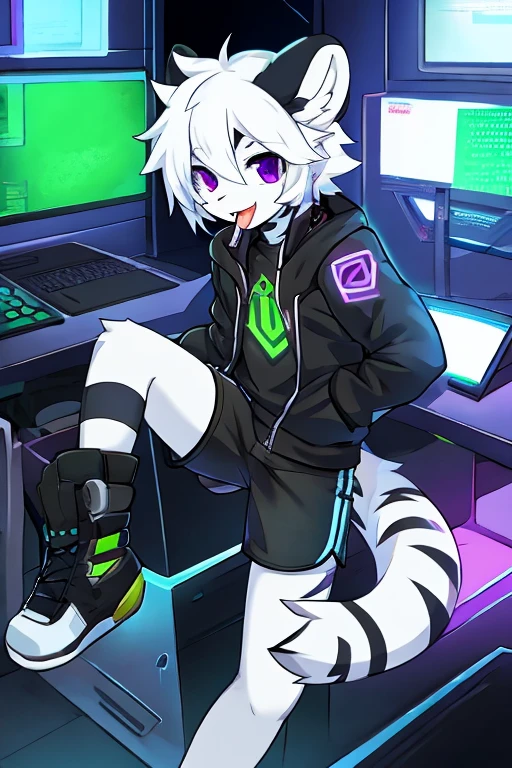 White fur tiger, , adolesh white tail, White hair, black jacket, address shirt, shorts negros, purple eyes, hacker, sticking out tongue