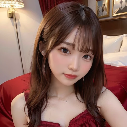 masterpiece, Best Quality,, Ultra-detailed, finely detail, hight resolution,1girl, blunt bangs, smile, blush, bed, breasts, red princess dress, sitting、nogizaka、Beautiful brown eyes:1.３、-yeld, rhead, absurdrez, sensual, elegante, charm, shiny skin, dinive, red enamel, jewelry, full body, ultra detali, high qualiy, work of art, face detailed, gorgeous eyes(detailedeyes), a face of perfect proportions
