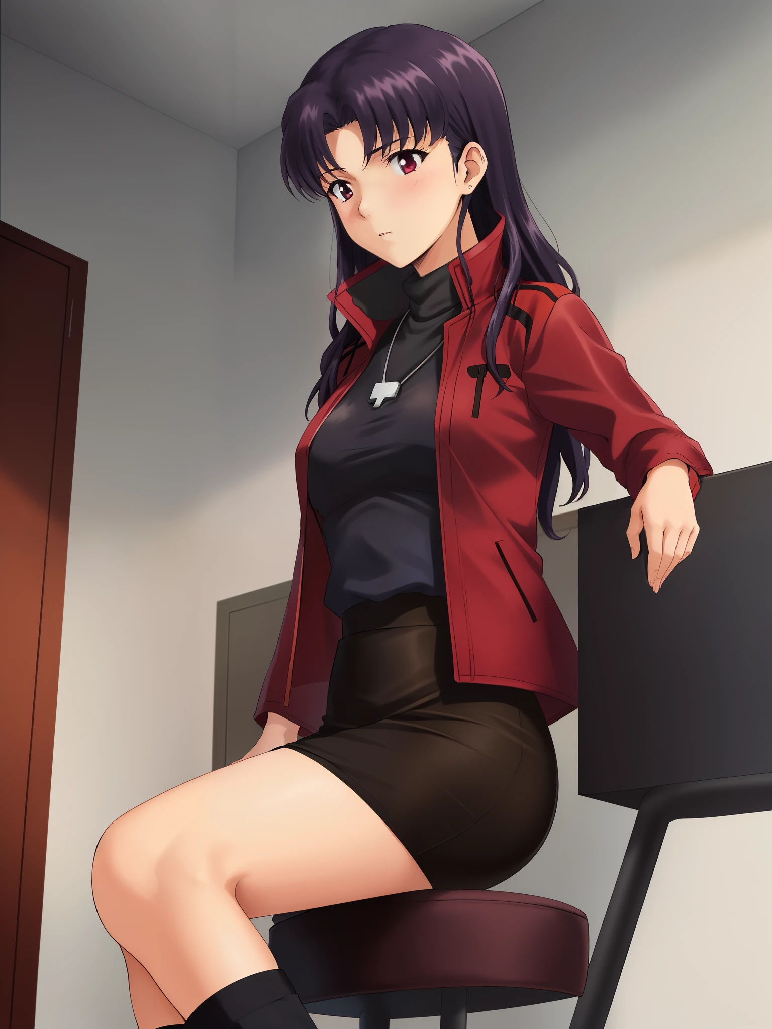 Katsuragi Castle_Misato, 
One girl, alone, purple_hair, length_hair, Katsuragi Castle_Misato, pencil_skirt, skirt, Jacket, red_Jacket,
Attention to detail,Cinematic Light, 複雑なdetailed,High resolution, Attention to detail,detailed,Highest quality,