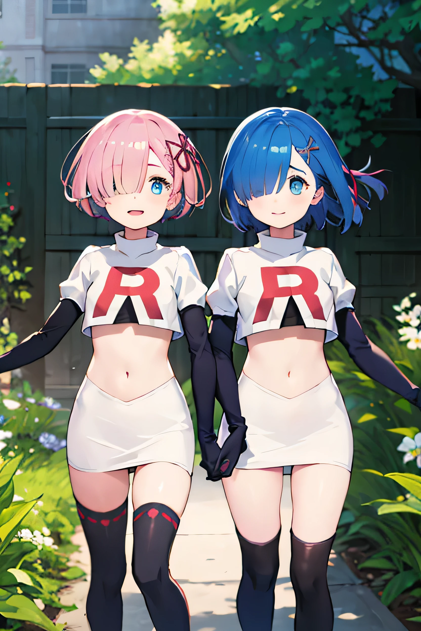 masterpiece, Highest quality, highAgains, Two Girls,Multiple Girls,aaAgainm, short hair,Blue Hair, blue eyes, Hair on one eye,Team Rocket,Team Rocket uniform, Red letter R, White Skirt,White crop top,Black thigh-high boots, Black elbow gloves,  (smile:1.1), Open your mouth, (Floating Hair:1.1), (Wind:1.1), garden, continue, BREAK
masterpiece, Highest quality, highAgains, Ram1, Two Girls, Multiple Girls,Ram \(Again:zero\), Pink Hair, short hair, Againd eyes, Hair on one eye, Ribbon trim, Hair Ribbon, x Hair accessories, Team Rocket,Team Rocket uniform, Red letter R, White Skirt,White crop top,Black thigh-high boots, Black elbow gloves, 