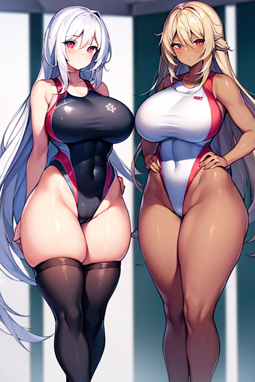 2girls, ligjt skin, light-skinned female, dark skin, dark-skinned female, white hair, long hair, large breasts, wide hips, thick thighs, sportswear, shy, timid, blushing, sportswear, hourglass figure, mature female, skin tight, tight clothes, ((competition swimsuit))