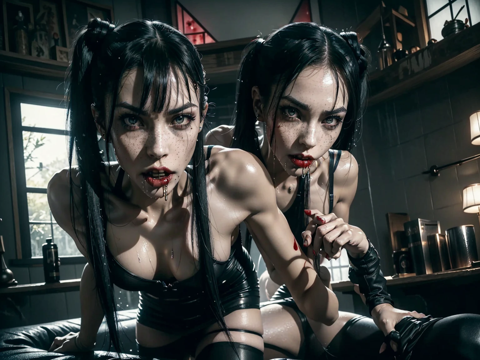 (((red dripping blood))), ((1 female vampire with sharp perfect fangs)), (She is sucking on a man's penis to the hilt), she is biting into a man's penis with her sharp fangs intense, super slutty,, POV imamate insertion, (skintight slutty and revealing bodysuit), helpless and at a giantesses mercy ,the 2 women are looking down at you at their feet, ((POV from a Giantess's soon to be human dildo)), ((skirt/pantyhose)), perfect legs and skinny thighs, pantyhose, ((perfect tight ass)), tight wet pussy, giantess, dread, impending death, sex, domination, ((Perfect eyes and face)), ((closed wet full lips)), ((perfect hands and fingers)), ((( a lot of white cum is dripping out of her pussy))), ((she has a skinny and toned strong body)), ((makeup)), ((freckles)), ((perfect eyebrows)), ((sharper edges)), ((perfect scary grey eyes)), perfect intimidating face, slut, sadistic, predatory, better detail on her skin, perfect face and strong jawline, perfect full wet lips, sadistic atmosphere, wet sweaty skin, more detail, beautiful intimidating grey eyes, ((beautiful horror)), better lighting, more toned muscles, perfect detail on her intimidating eyes, very tight underwear, ((tight pussy)), (((tighter clothing))), slutty, intense, perfect detail, tight and sexy, ((piercings)), skinny, skinny and strong, more skin showing, intense, slutty, freckles, long skinny perfect legs, scary and intense, she is a skinny and toned 25 year old sexy and perfect and intimidating Japanese/American skinny/tone futuristic evil retribuition alice, pale white skin, eye contact, (full tall body is shown), (((hair with short ponytails and bangs))), , perfect face and eyes, she has a skinny and athletic body wearing pantyhose, only her full body is shown above the viewer looking down at him, perfect face, perfect strong jawline, perfect lips, best resolution, perfect bone structure, femdom, she has a skinny and toned young perfect body and legs, tight stockings