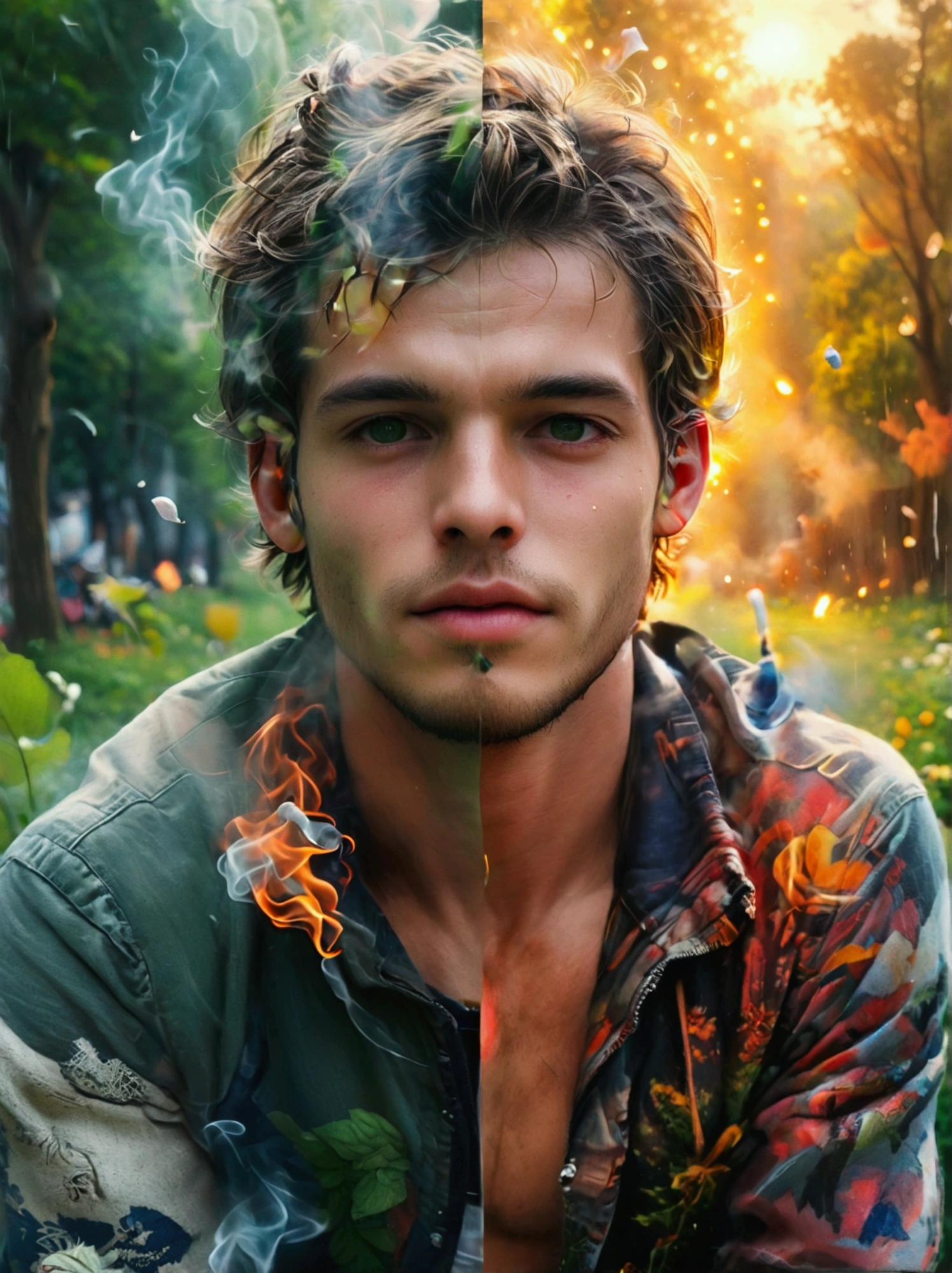 (poster), (The picture is divided into two parts, left and right), Showing contrasting lifestyles, (The left side shows a photo of a handsome man full of energy and vitality jogging in a lush green park), Symbolizes positivity, The warmth of a smoke-free lifestyle, Happy and healthy, (The right side shows a pale face, Photos of sickly girl, sitting alone, cigarette in his hand, The background is a gloomy and gloomy city), Symbolizes the gloom and adverse effects of smoking, UHD, masterpiece, accurate, anatomically correct, textured skin, super detail, best quality, 8k