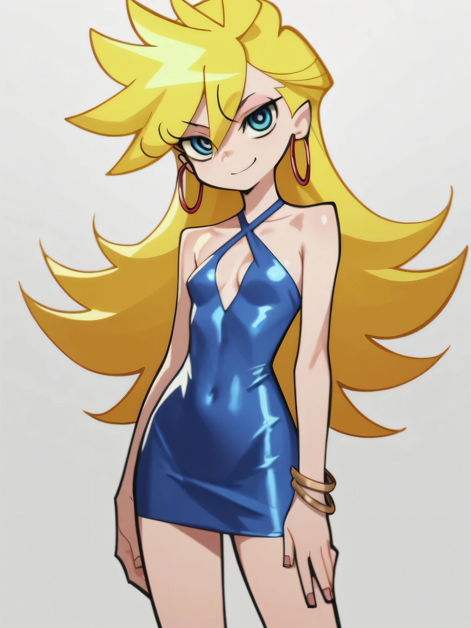 score_9, score_8_up, score_7_up, score_6_up, score_5_up, score_4_up, source_anime, 1girl, solo, psg, official style, panty \(psg\), blue tight halterneck dress, cut out cleavage, small breast, standing up, hoop earrings, seductive smile, long blond hair, blue eyes, looking at viewers, cowboy shot, arms at side