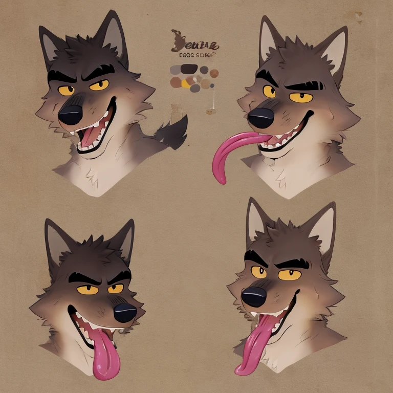 Mr. Wolf (The Bad Guys), Looking at viewer, Open Mouth, Sticking out long tongue, Yellow Eyes, Brown Fur, Wide-Eyed, Wolf Ears, Anatomically Correct, Seductive Smile, Raised Eyebrow, Oral Invitation, Simple background, Multiple Views, Character Sheet Full-Length, Character Design, Illustration, High Resolution, Super Detailed, Textured Skin, Close-Up