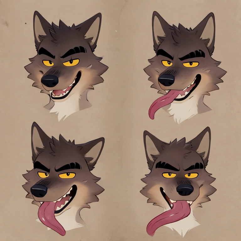 Mr. Wolf (The Bad Guys), Looking at viewer, Open Mouth, Sticking out long tongue, Yellow Eyes, Brown Fur, Wide-Eyed, Wolf Ears, Anatomically Correct, Seductive Smile, Raised Eyebrow, Oral Invitation, Simple background, Multiple Views, Character Sheet Full-Length, Character Design, Illustration, High Resolution, Super Detailed, Textured Skin, Close-Up