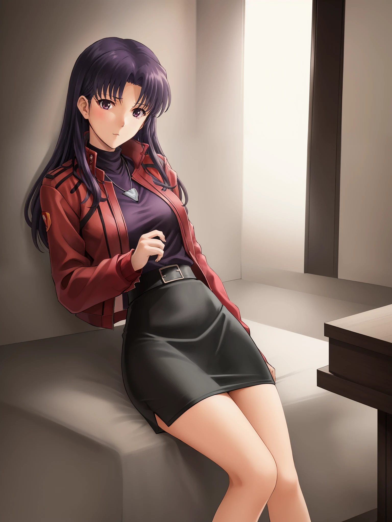 Katsuragi Castle_Misato, 
One girl, alone, purple_hair, length_hair, Katsuragi Castle_Misato, pencil_skirt, skirt, Jacket, red_Jacket,
Attention to detail,Cinematic Light, 複雑なdetailed,High resolution, Attention to detail,detailed,Highest quality,