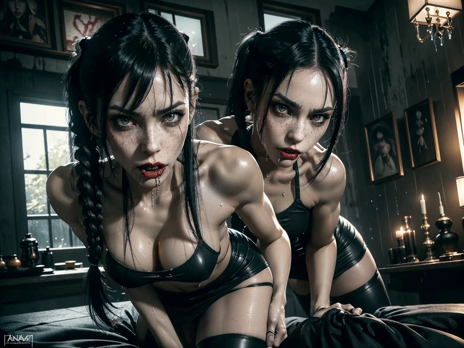 (((red dripping blood))), ((1 female vampire with sharp perfect fangs)), (She is sucking on a man's penis to the hilt), she is biting into a man's penis with her sharp fangs intense, super slutty,, POV imamate insertion, (skintight slutty and revealing bodysuit), helpless and at a giantesses mercy ,the 2 women are looking down at you at their feet, ((POV from a Giantess's soon to be human dildo)), ((skirt/pantyhose)), perfect legs and skinny thighs, pantyhose, ((perfect tight ass)), tight wet pussy, giantess, dread, impending death, sex, domination, ((Perfect eyes and face)), ((closed wet full lips)), ((perfect hands and fingers)), ((( a lot of white cum is dripping out of her pussy))), ((she has a skinny and toned strong body)), ((makeup)), ((freckles)), ((perfect eyebrows)), ((sharper edges)), ((perfect scary grey eyes)), perfect intimidating face, slut, sadistic, predatory, better detail on her skin, perfect face and strong jawline, perfect full wet lips, sadistic atmosphere, wet sweaty skin, more detail, beautiful intimidating grey eyes, ((beautiful horror)), better lighting, more toned muscles, perfect detail on her intimidating eyes, very tight underwear, ((tight pussy)), (((tighter clothing))), slutty, intense, perfect detail, tight and sexy, ((piercings)), skinny, skinny and strong, more skin showing, intense, slutty, freckles, long skinny perfect legs, scary and intense, she is a skinny and toned 25 year old sexy and perfect and intimidating Japanese/American skinny/tone futuristic evil retribuition alice, pale white skin, eye contact, (full tall body is shown), (((hair with short ponytails and bangs))), , perfect face and eyes, she has a skinny and athletic body wearing pantyhose, only her full body is shown above the viewer looking down at him, perfect face, perfect strong jawline, perfect lips, best resolution, perfect bone structure, femdom, she has a skinny and toned young perfect body and legs, tight stockings