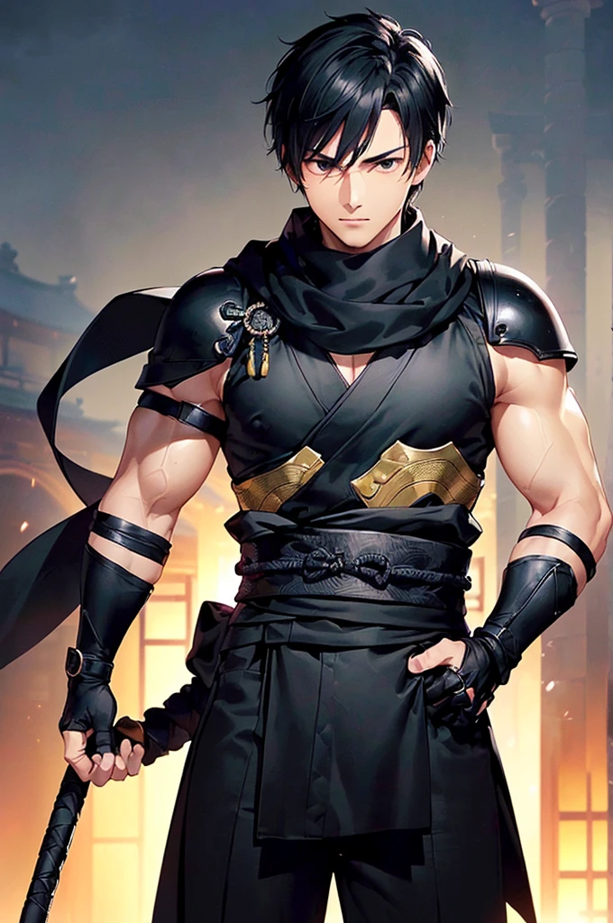 (((masterpiece; best quality: 1.2))), (finely detailed eyes: 1.3), ((1 young man)), ((solo)), (black eyes: 1.4), (body shape; lean, masculine: 1.3), (very short black hair: 1.3), (beautiful and clear background: 1.2), ((depth of field)), (equipment: black shinobi clothing + fully covered + black kimono + black pants + black scarf + black bracers + black fingerless gloves: 1.3), (anime illustration: 1.2), (background composition; old japanese mansion + night: 1.1), (extremely fine and handsome: 1.1), (shot composition; standing + centered on torso + close-up: 1.5), (facial expression; calm, stoic: 1.2)