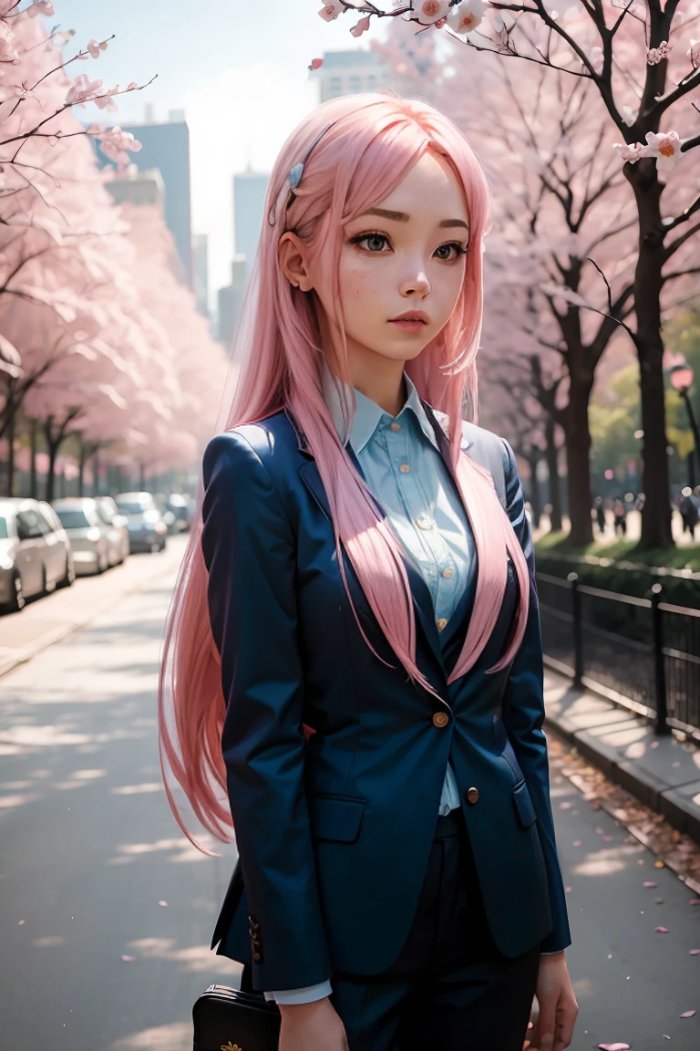 1 girl, (pink hair), long straight hair, blue busniess suit, blossom with central park