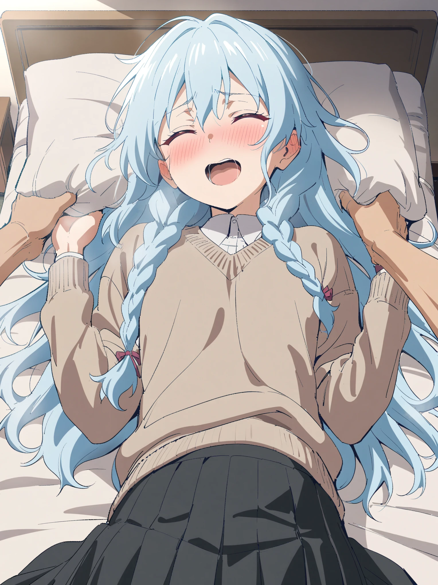 {{upper body}} {{Artist: sincos}} 1boy, mature male, light blue hair, long hair, braided hair, pink eyes, closed eyes, androgynous, sweater, skirt, indoors, bedroom, laying back on bed, pinned against bed, hands up, laughing, blushing, Yukadon, pov