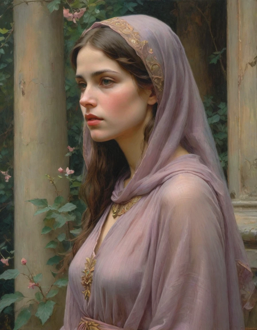 Masterpiece, ((realistic)), (propaganda poster), (((by John William Waterhouse))), (((Moebius Jean Giraud))), ((((profile portrait of a veiled roman woman, young 14 year old girl, extremely beautiful!!!!!!!! pretty!!!!! face!!!!!, priestess, dignified, wearing silken robes, detailed moth and rose elements, muted colors)))), (((corinthian columns with moth elements, jungle background, mauve moths))). (flat!!!!! tiny!!!!! chest)