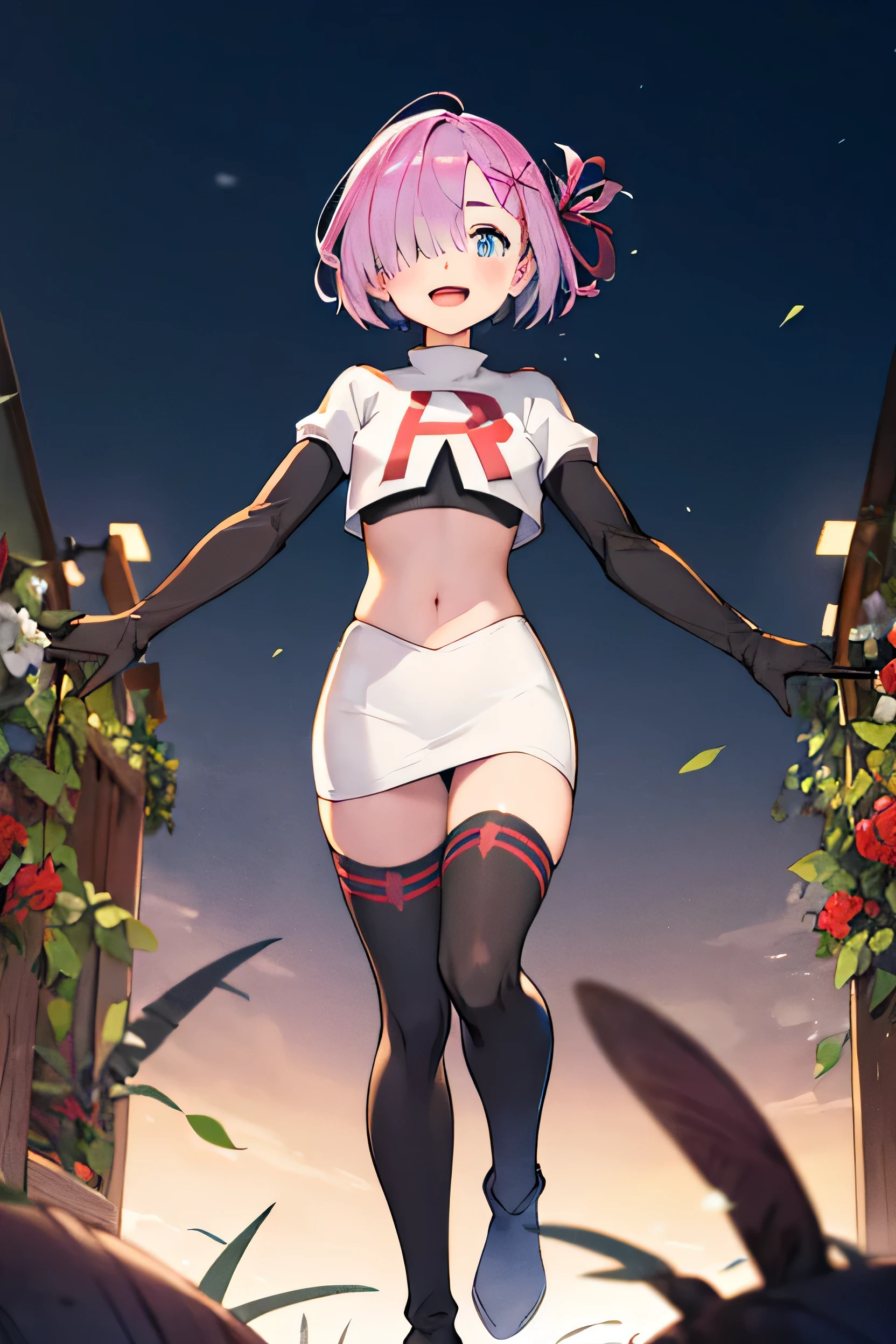 masterpiece, Highest quality, highAgains, Two Girls,Multiple Girls,aaAgainm, short hair,Blue Hair, blue eyes, Hair on one eye,Team Rocket,Team Rocket uniform, Red letter R, White Skirt,White crop top,Black thigh-high boots, Black elbow gloves,  (smile:1.1), Open your mouth, (Floating Hair:1.1), (Wind:1.1), garden, continue, BREAK
masterpiece, Highest quality, highAgains, Ram1, Two Girls, Multiple Girls,Ram \(Again:zero\), Pink Hair, short hair, Againd eyes, Hair on one eye, Ribbon trim, Hair Ribbon, x Hair accessories, Team Rocket,Team Rocket uniform, Red letter R, White Skirt,White crop top,Black thigh-high boots, Black elbow gloves, 