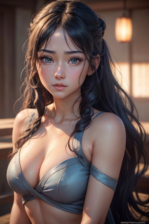 a beautiful detailed portrait of hinata hyuga, 1girl, detailed beautiful face, detailed eyes with long eyelashes, detailed nose and lips, bare shoulders, detailed navel, wavy blue hair, dynamic lighting, vivid colors, realistic, (best quality,4k,8k,highres,masterpiece:1.2),ultra-detailed,(realistic,photorealistic,photo-realistic:1.37)