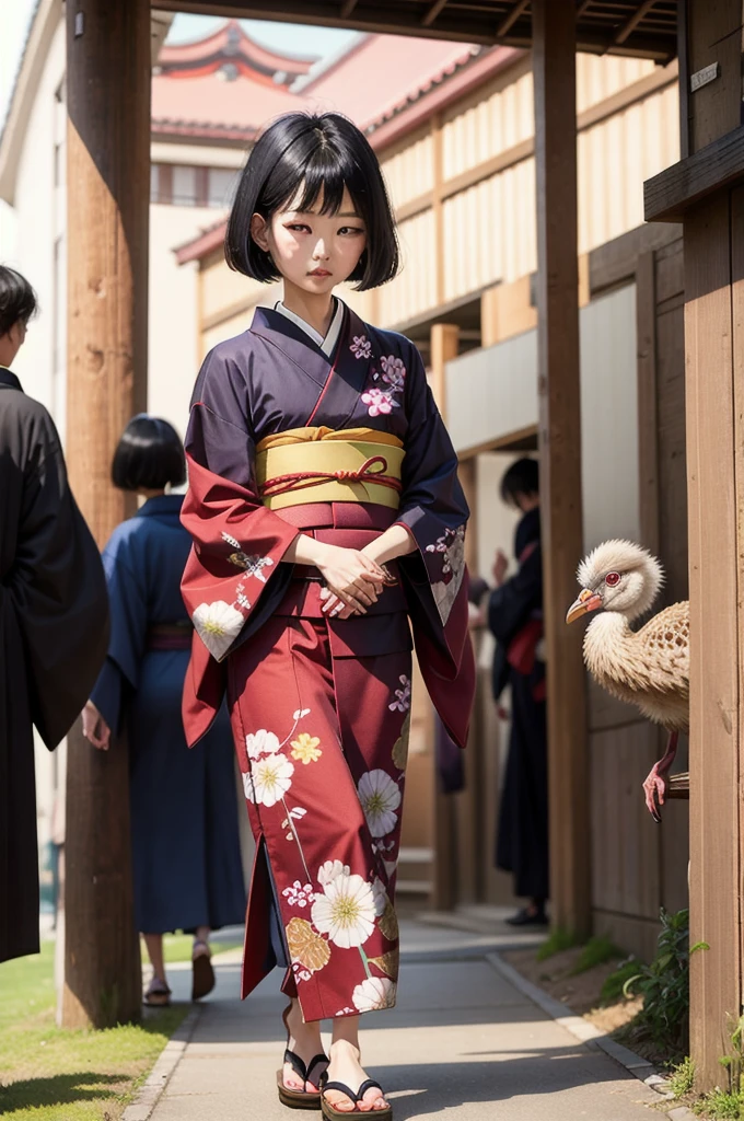 Ostrich、Red kimono with Japanese pattern、Black hair bob cut、girl