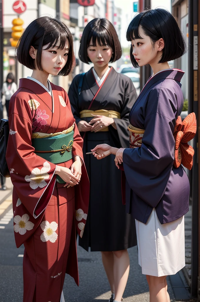 full bodyesbian, Wear colorful kimonos, 7 years old, 7 year old Japanese petite ??? on a dark city street, Dark creepy streets, Petite girl, flatchest, Petite figure, Short black hair, Exposing the abdomen, midriff exposed, small tits, ((big breasts thin waist)), a small face，Barefoot，（（Naked）），flatchest