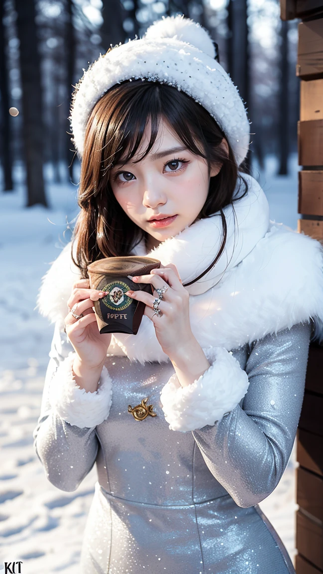 "Create an image of Gwen from League of Legends by Riot Games in her Winter Wonder skin, wearing her frosty, winter-themed dress with icy patterns and snowflake accessories,no having clothes, (having massive k-cups:1.55) , She's in a magical winter landscape with falling snow and glittering ice sculptures, in an attractive pose with a serene, wintry elegance."
