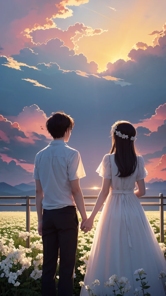 "Anime-style illustration of two young men and women looking up at the sunset sky. A boy and a girl are standing with their backs to each other in the foreground, With thick clouds and sunlight spreading across the sky. Children are standing in front of an old metal fence, Surrounded by white flowers. Rainbow light shines in the sky, exuding a mysterious atmosphere. The illustrations are drawn in Makoto Shinkai's detailed anime style., With rich colors and light. This scene has a fantastic and moving atmosphere.."