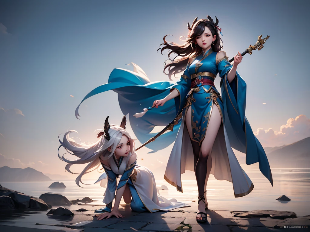 Image of a woman in a blue and white robe, heise jinyao, full body xianxia, Full body martial arts, flowing hair and gown, Photo of a female clergyman, Wearing flowing robes, Inspired by Cao Zhibai, zhao yun, Cotton Cloud Mage Robe, inspired by Wu Daozi,hanfu,Blue magic in the palm of your hand,heise jinyao, full body xianxia, Photo of a female clergyman, flowing hair and gown, zhao yun, Slender Man Fantasy Alchemist, Full body martial arts, Inspired by Cao Zhibai, Wearing flowing robes, Cotton Cloud Mage Robe, sexy female mage,best shadow, sharp focus, masterpiece, (Very detailed CG unified 8k wallpaper),actual,(hanfu),(((Character face))),