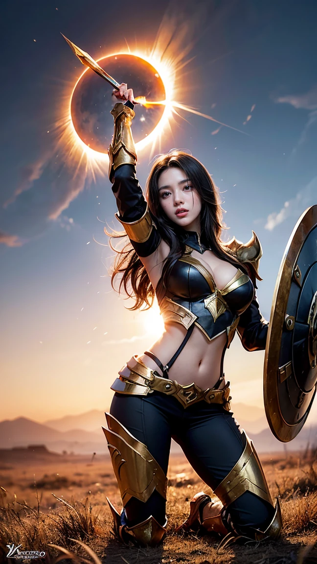 "Illustrate Leona from League of Legends by Riot Games in her Solar Eclipse skin, featuring her dark, eclipse-themed armor with fiery accents and a blazing shield, no having clothes,having massive k-cups:1.55. She's in a darkened battlefield with a solar eclipse casting dramatic shadows, in an attractive pose with her shield radiating intense light."

