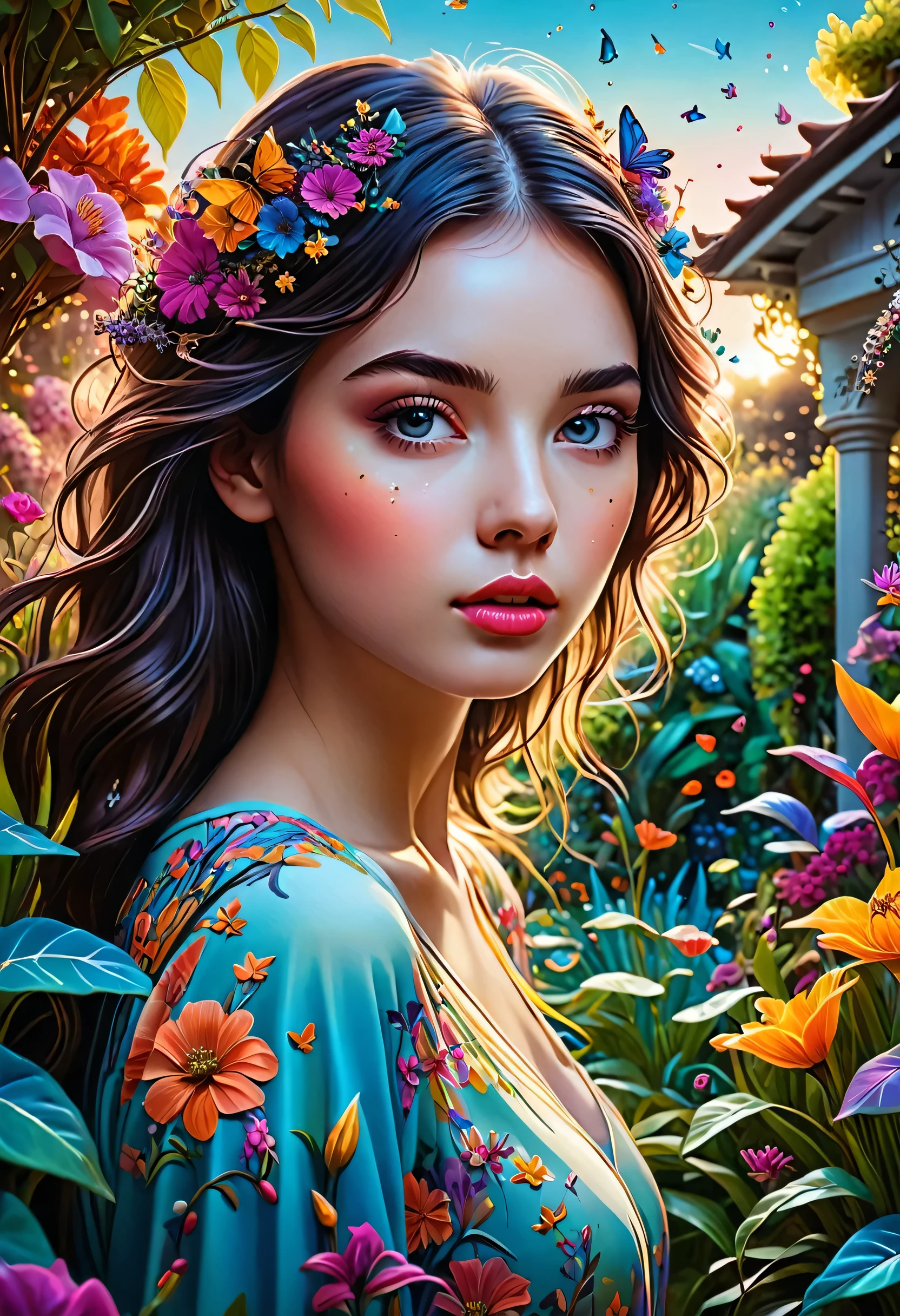 a girl, bright eyes and ultra-long lashes, in a surreal and intricate garden of infinite possibilities, lost in a chaotic and unpredictable world, surrounded by vibrant, mesmerizing colors. The garden is full of unique and quirky plants and creatures, creating a sense of wonder and curiosity.
The girl has deep, expressive eyes, beautifully detailed, capturing the essence of your emotions and thoughts. Her lips are also beautifully detailed, reflecting your innermost desires and dreams. She has an aura of mystery and intrigue, attracting people to it. His face is extremely detailed, with long lashes that enhance your captivating presence.
The garden is made with the highest level of skill, resembling a masterpiece of art. It combines several means, as illustrations, oil paintings, and renderizações 3D, creating a visually stunning and immersive experience.
Every corner of the garden is filled with ultra-detailed elements, from the intricate textures in the flower petals to the fine details. The level of detail is so high that it looks almost realistic and photorealistic. Colors are bright and vibrant, with neon highlights that add a touch of excitement and futuristic aesthetic.
As the girl wanders through the garden, she is surrounded by an epic and complex landscape. The sky is filled with an abundance of stars, creating an ethereal and dreamlike atmosphere. The transition between day and night is captured at the end of sunset, where colors mix harmoniously, creating a sense of tranquility and serenity.
This ultra HD work of art is a true masterpiece, capturing the essence of the girl's journey through the garden of random wonders. It is a visual representation of the infinite possibilities that exist in our dreams and the beauty that can be found in the most unexpected places..