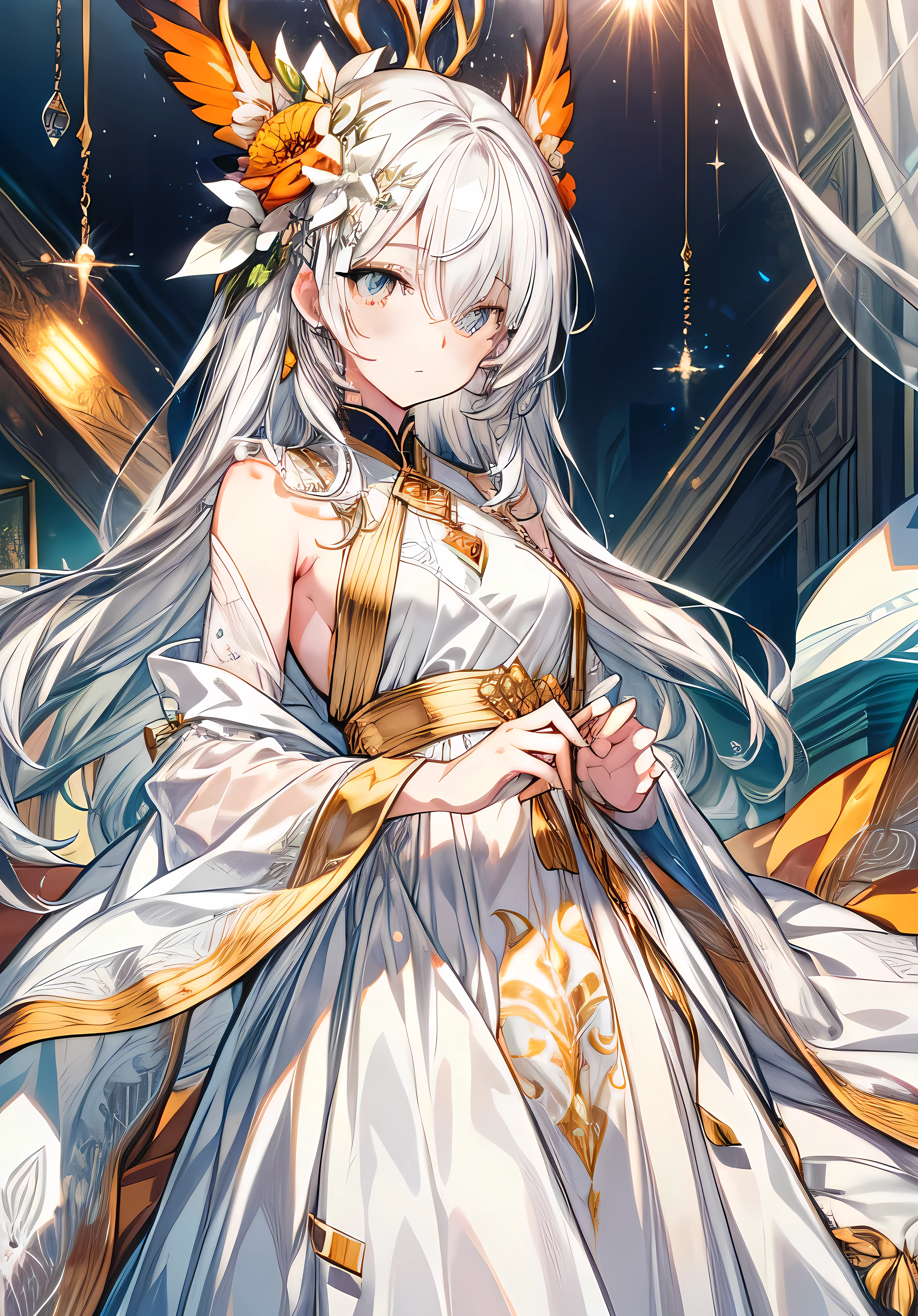 White hair, Orange colored eyes, Long hair, Simple white dress, (masterpiece:1.2), Highest quality, High resolution, unity 8k wallpaper, (shape:0.8), (Beautiful and beautiful eyes:1.6), Highly detailed face, Perfect lighting, Extremely detailed CG, (Perfect hands, Perfect Anatomy),