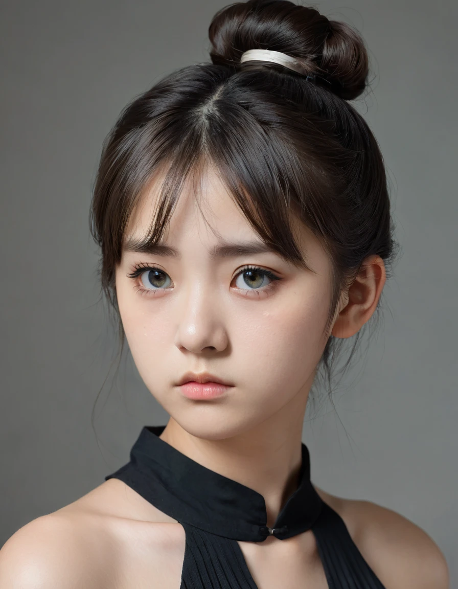 solo, High resolution, Gaze, Bun Hair, Half-up hairstyle, Bun Hair, Small breasts, Slanted Eyes, Brooding face, Expressionless, Empty look, Bad mood, One girl, , small chest, single eyelids, small eyes, korean girl, casual clothes, Sanpaku eyes, grumpy face, black dress