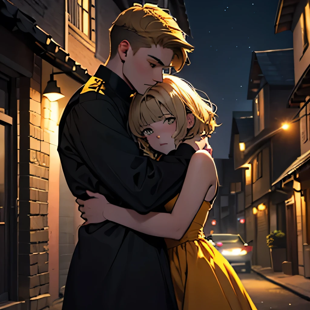  human Male  , Caucasian skin ,Haircut falling over the face, blondie hair, hugging a 16 year old black, curled hair, brown, wearing a yellow dress in the background a city full of illuminated houses, the night.