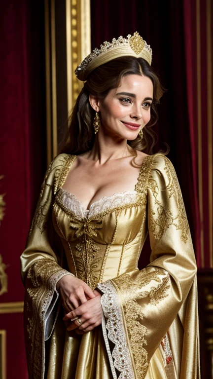 Emmanuelle Béart wearing baroque style clothes and smiling