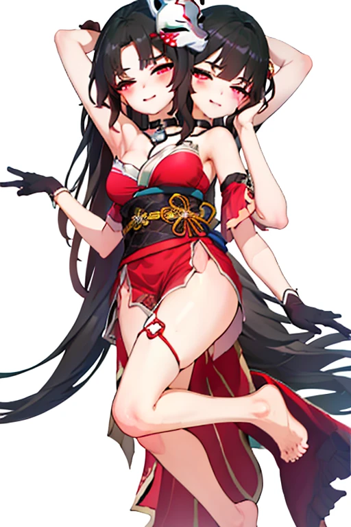 (2 heads:1.3), 1 girl, Sparks \(Honkai: Star Rail\), Twintail, hair accessories, alone, Off shoulder kimono, black nails, Mask on the head, arms separated, choker, heart, Single gloves, Wristband, Cross Halter, thigh strap, Blush, sit, from below, Focus on feet, Cross your legs., cross your legs,  look at viewer, Barefoot, suffocate, ecstasy, smileที่เย้ายวนใจ, bedroom, Masterpiece, illustration, beautiful, 4K, 8ก,DSLR Photos, (8ก, 4K, Masterpiece),(Masterpiece, best quality), best resolution, (3 heads:1.5),Arms separated,arm circle, (Put your hands on your head...), (lower hand on ankle), (lower hand on leg), Full content in the frame, full body view, (four arms),(Multi-arm),(many hands), รูปร่างเพรียวบาง Masterpiece,best quality,best resolution,1 woman,many heads, upper body, smile,  Facing the audience,big breasts,simple background,หน้าbeautiful,ผมbeautiful,ดวงตาbeautiful,ร่างกายที่beautifulงาม,มือbeautiful,conjoined twins