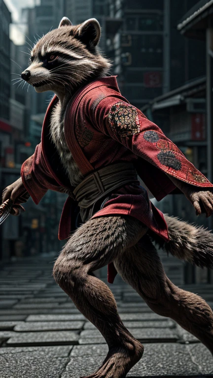 mcu, rocket raccoon, raccoon, male, skinny, buldge, detailed fur, red kimono, japan, sword katana, intricate, (high detail), moody lighting, Running pose, full side view , film photography, realistic, masterpiece, best quality, ultra realistic, 8k