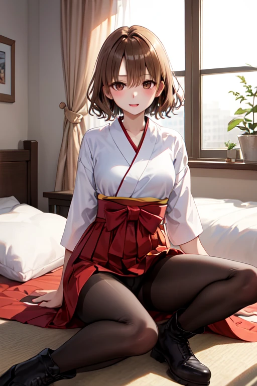 masterpiece, Highest quality, High resolution, One Girl, alone, short hair, Brown Hair, Brown eyes, chest, Bedroom、((Graduation Hakama))、((pantyhose))、(boots)、