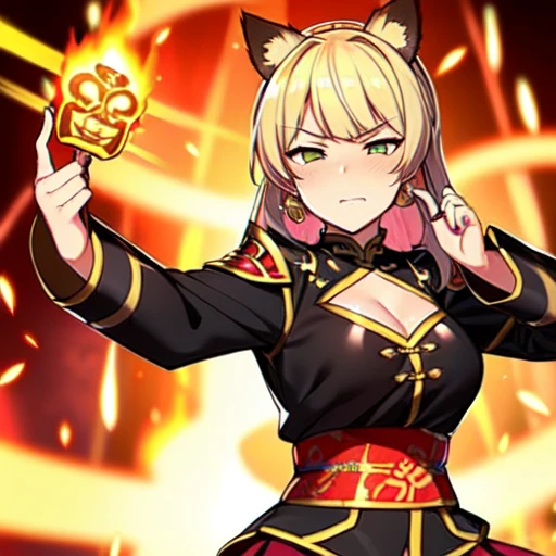Meimei (Murenase Seton Gakuen) Blonde girl, Completely black panda ears, Golden Eyes, With a serious expression, Wearing a red and black suit, Uniforms resembling ancient armor from the Chinese dynasty, Has a golden edging, Fire emblem (Avatar: The Last Airbender) Engraved, Making a fire with your hands