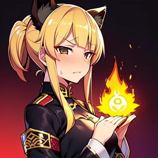 Meimei (Murenase Seton Gakuen) Blonde girl, Completely black panda ears, Golden Eyes, With a serious expression, Wearing a red and black suit, Uniforms resembling ancient armor from the Chinese dynasty, Has a golden edging, Fire emblem (Avatar: The Last Airbender) Engraved, Making a fire with your hands