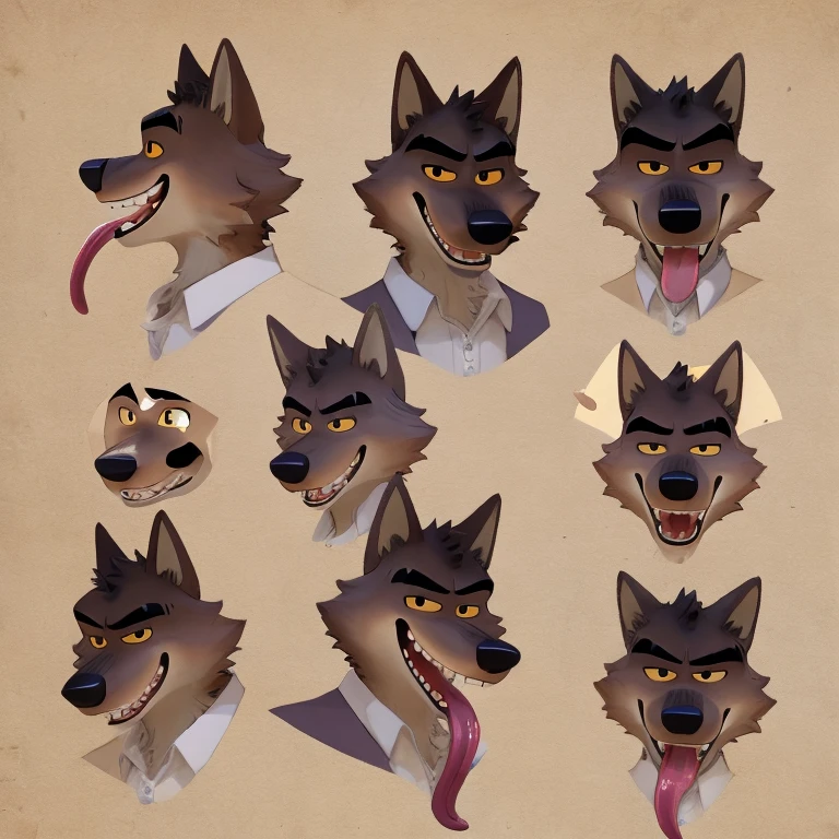 Mr. Wolf (The Bad Guys), DreamWorks Animation, 2D, Looking at viewer, Open Mouth, Tongue Out, Long Tongue, Wide-Eyed, Wolf Ears, Anatomically Correct, Seductive Smile, Raised Eyebrow, Oral Invitation, Simple background, Multiple Views, Full Body Shot, Character Sheet Full-Length, Character Design, Illustration, High Resolution, Super Detailed, Textured Skin